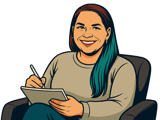 Illustration einer lächelnden Frau mit Notizblock auf einem Sessel – symbolisiert professionelle Begleitung durch psychosoziale Beratung oder Coaching bei Quarterlife Crisis.